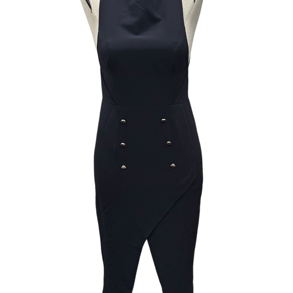 Shona Jay Giselle Navy Military High Neck Sleeveless Asymmetric Hem Gold Button - Picture 7 of 9